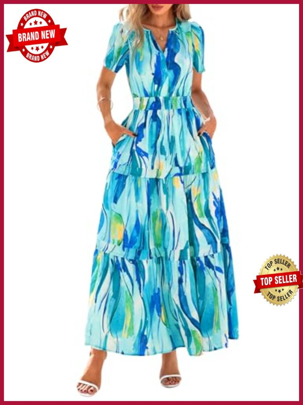 Women's Boho Floral Maxi Dress V-Neck Short Sleeve Tiered Ruffle Beach Vacation